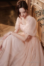 Pink Tulle Long Prom Dresses, A-Line Evening Dresses