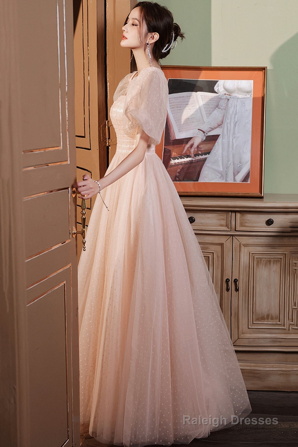 Pink Tulle Long Prom Dresses, A-Line Evening Dresses