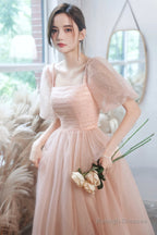 Pink Tulle Long Prom Dresses, A-Line Evening Dresses