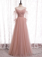 Pink Tulle Long Prom Dresses, A-Line Evening Party Dresses