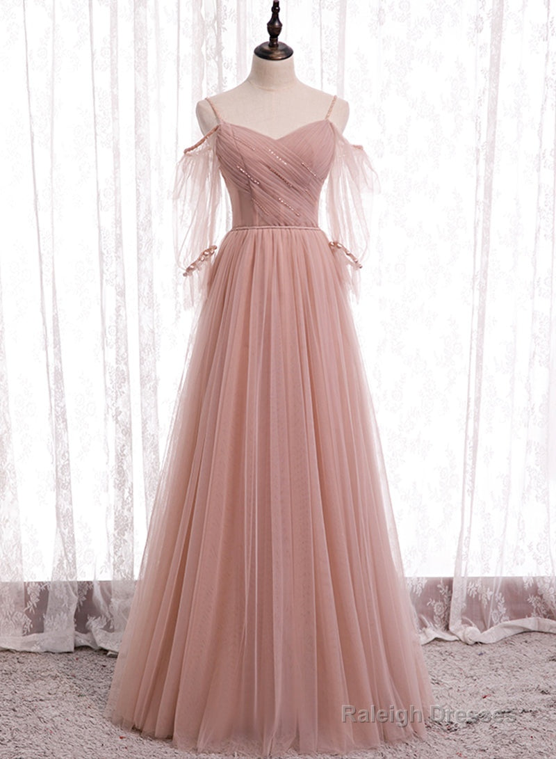 Pink Tulle Long Prom Dresses, A-Line Evening Party Dresses