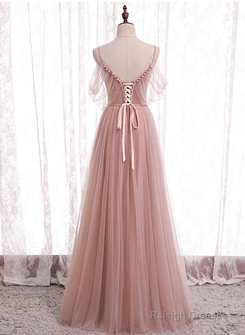 Pink Tulle Long Prom Dresses, A-Line Evening Party Dresses