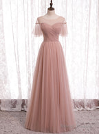 Pink Tulle Long Prom Dresses, A-Line Evening Party Dresses