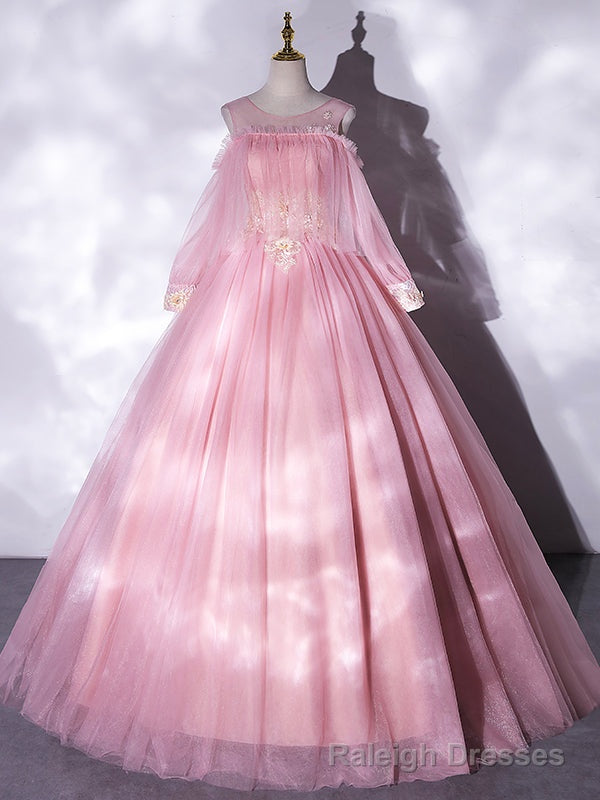 Pink Tulle Long Sleeve 3D Appliques Quinceanera Dress Main image