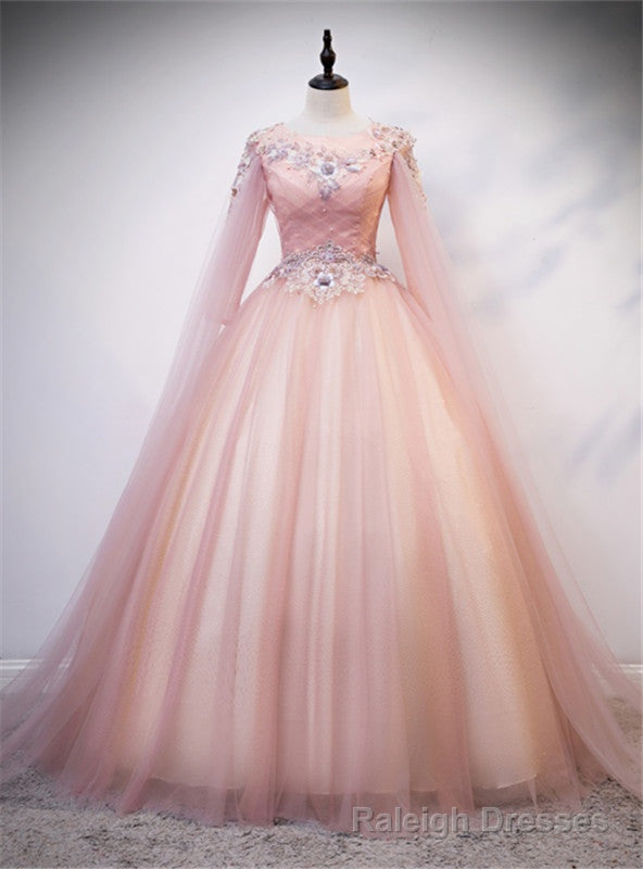 Pink Tulle Long Sleeve Backless Appliques Quinceanera Dress Main image
