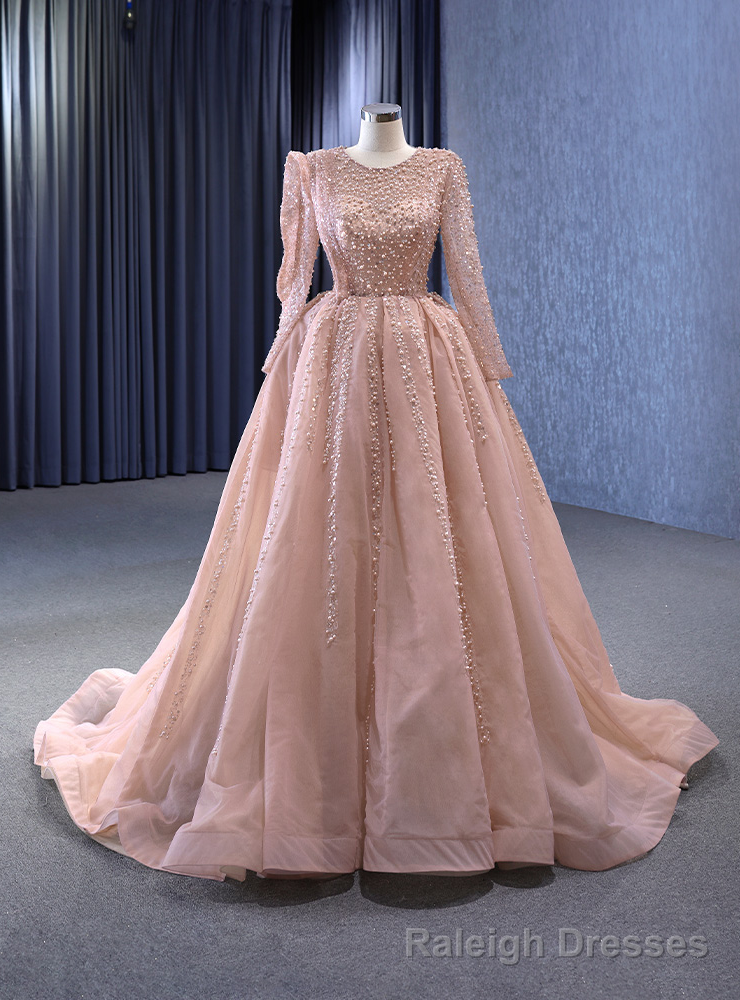 Pink Tulle Long Sleeve Beading Pearls Prom Dress Main image