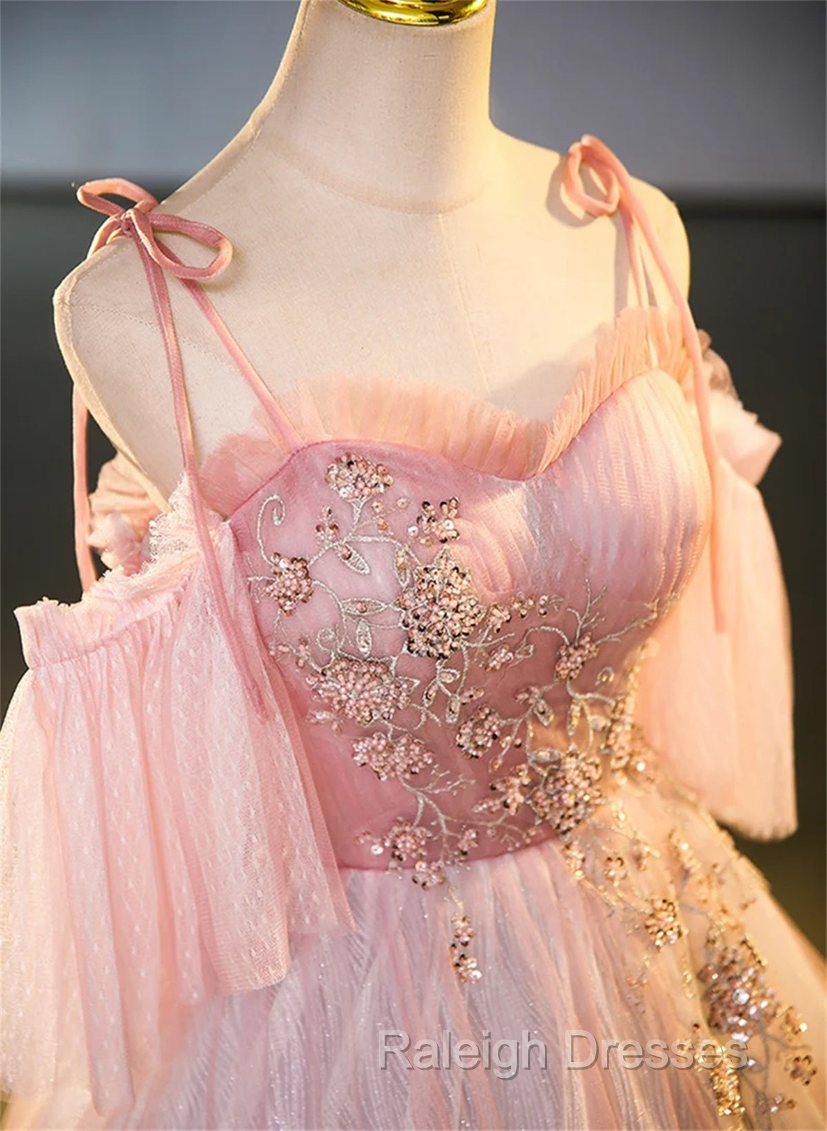 Pink Tulle Off Shoulder Beaded A-Line Prom Dress, Pink Tulle Long Party Dress Secondary image