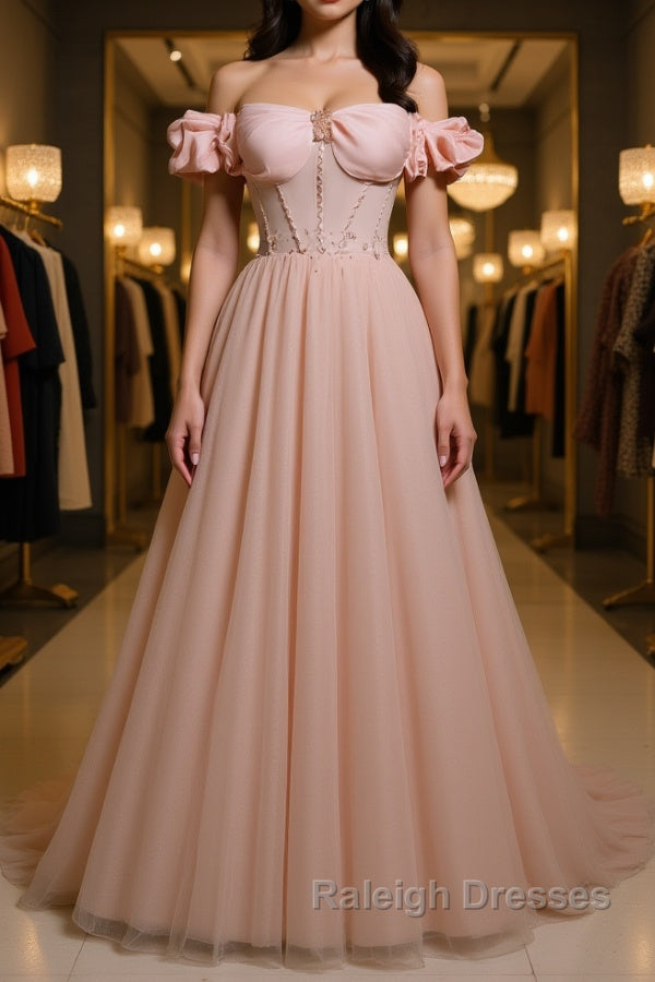 Pink tulle off shoulder long prom dress, pink tulle formal dress