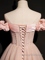 Pink tulle off shoulder long prom dress, pink tulle formal dress