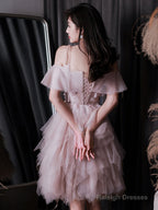 Pink Tulle Off Shoulder Short Prom Dress Pink Cocktail Dress