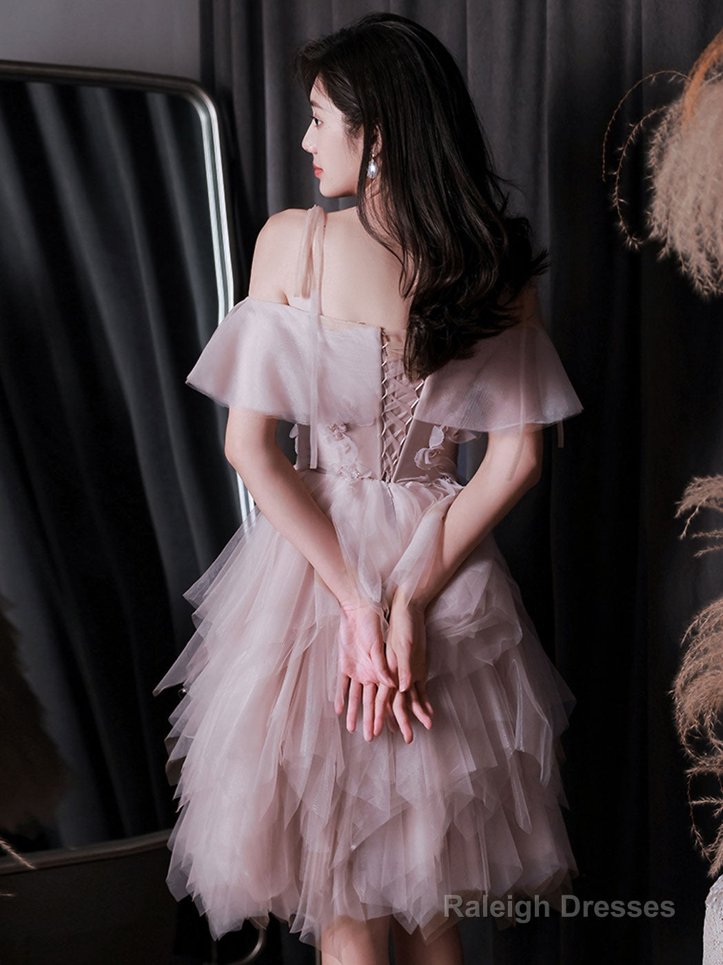 Pink Tulle Off Shoulder Short Prom Dress Pink Cocktail Dress