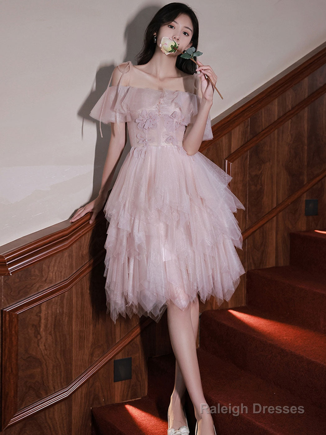 Pink Tulle Off Shoulder Short Prom Dress Pink Cocktail Dress