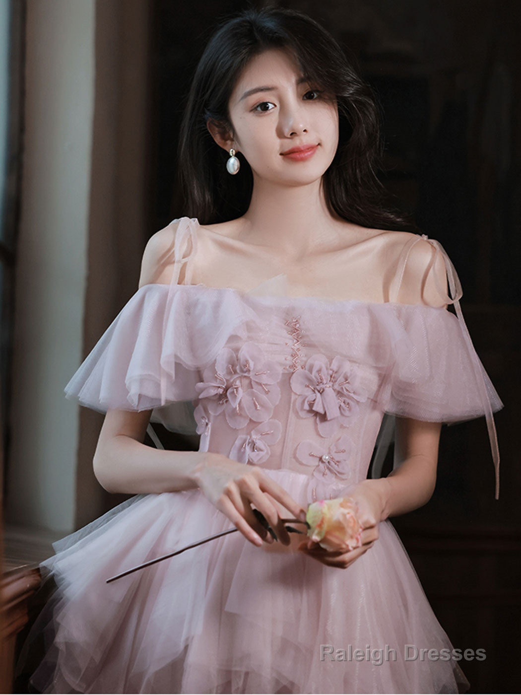 Pink Tulle Off Shoulder Short Prom Dress Pink Cocktail Dress