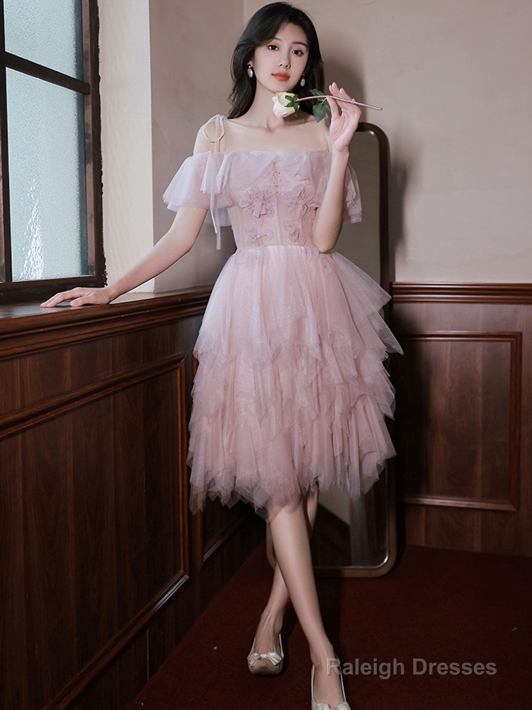 Pink Tulle Off Shoulder Short Prom Dresses Pink Cocktail Dresses Main image