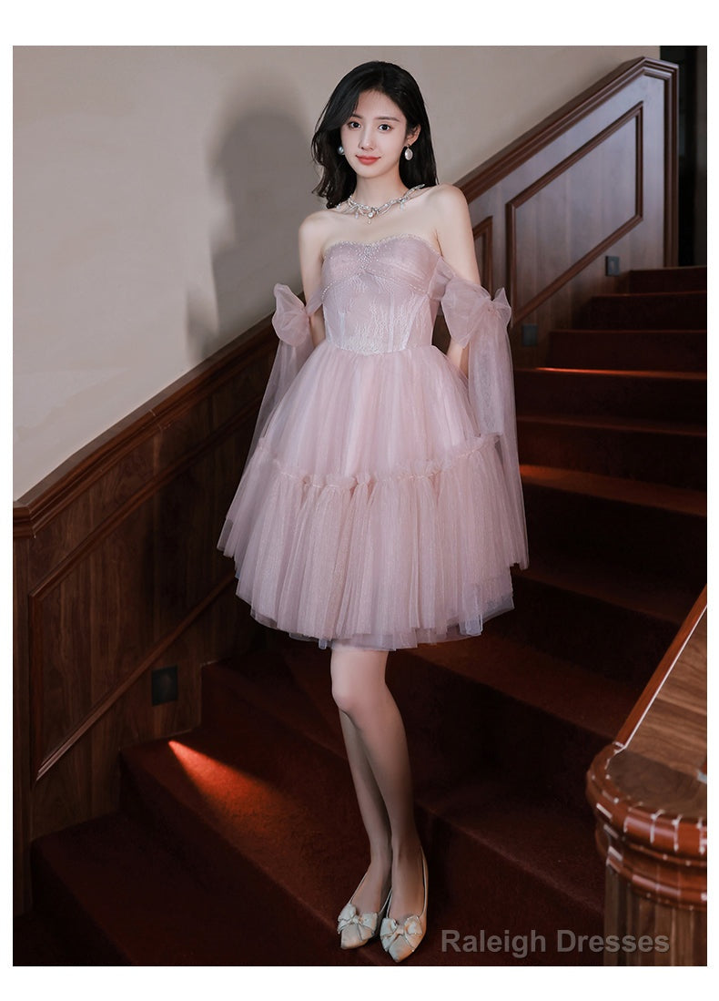 Pink Tulle Off Shoulder Short Prom Dress Pink Evening Dress