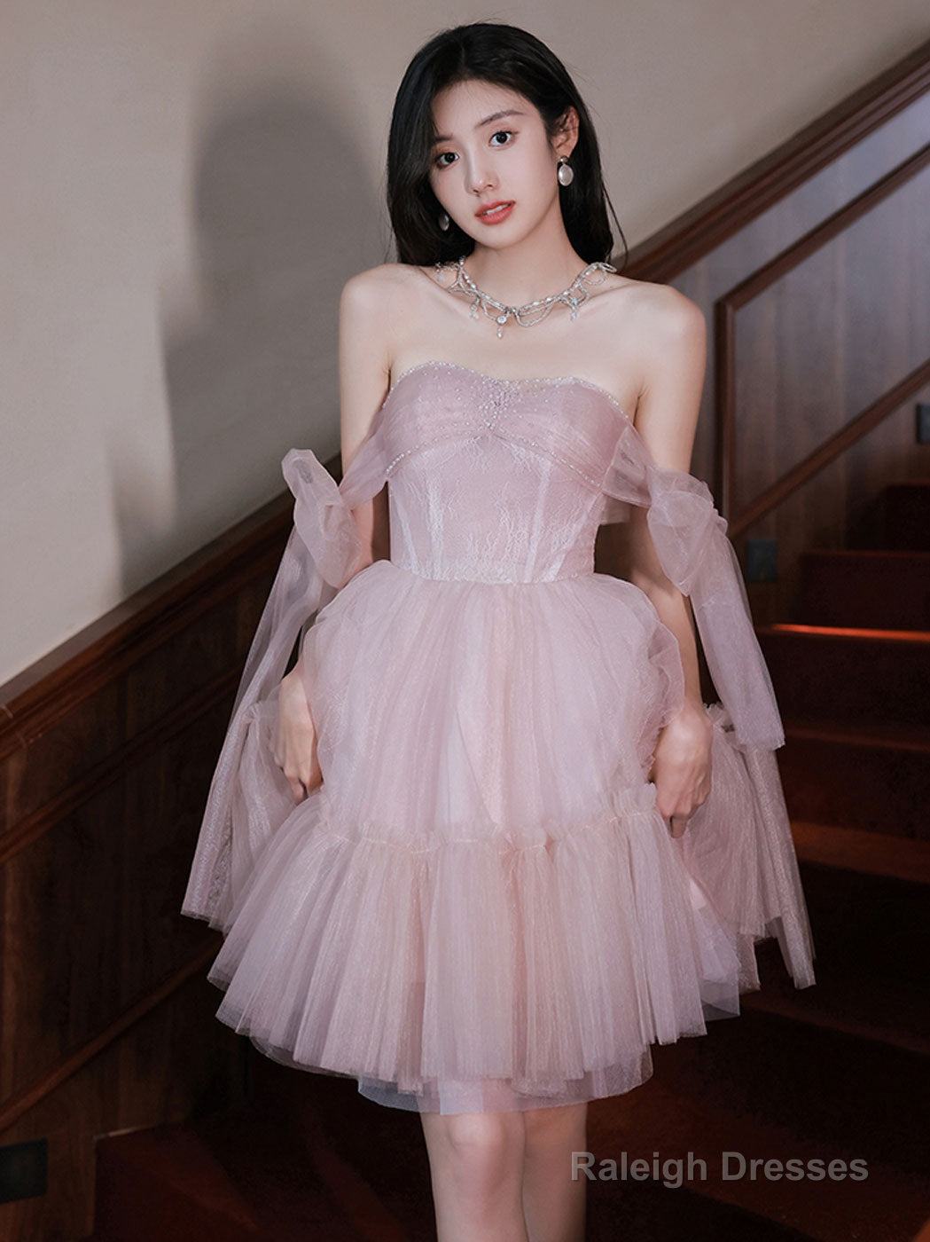 Pink Tulle Off Shoulder Short Prom Dress Pink Evening Dress