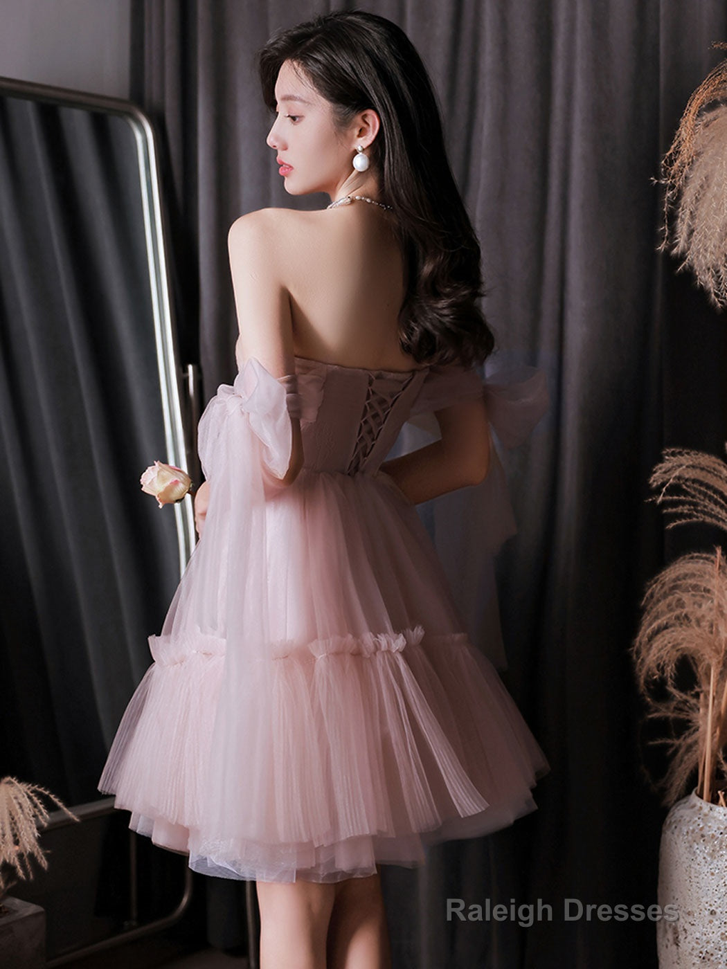 Pink Tulle Off Shoulder Short Prom Dress Pink Evening Dress