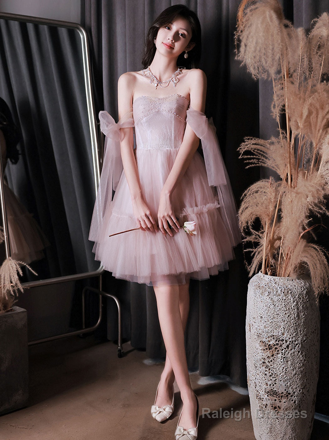 Pink Tulle Off Shoulder Short Prom Dress Pink Evening Dress