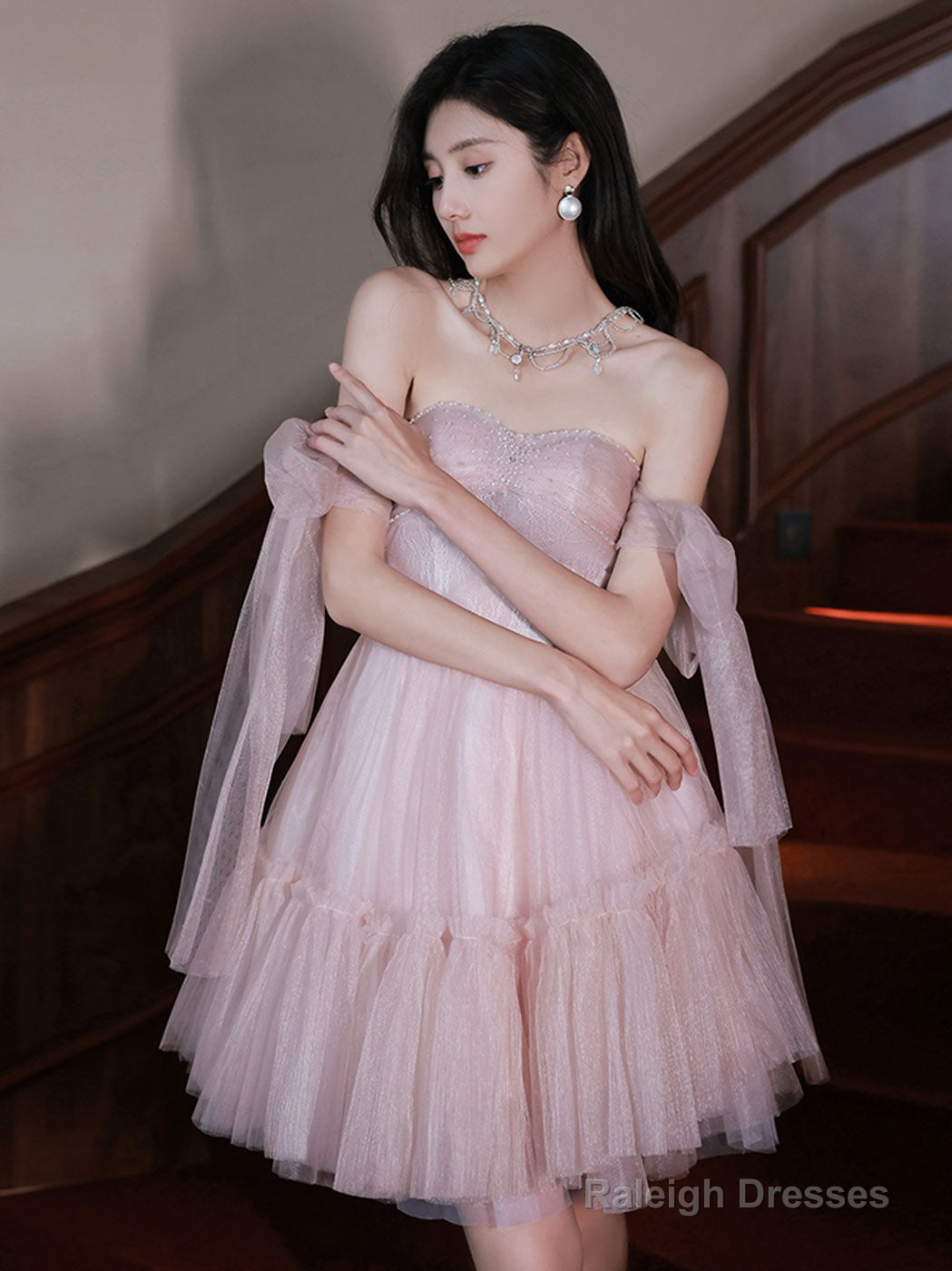 Pink Tulle Off Shoulder Short Prom Dress Pink Evening Dress Main image