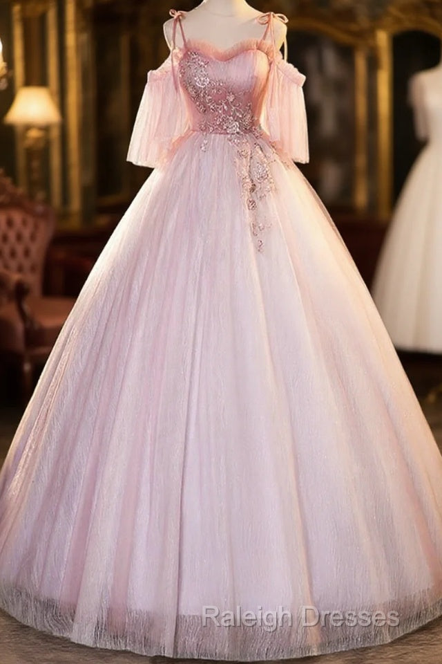 Pink Tulle Off Shoulder Sweetheart Long Formal Dress, Pink Beaded Sweet 16 Dress Main image