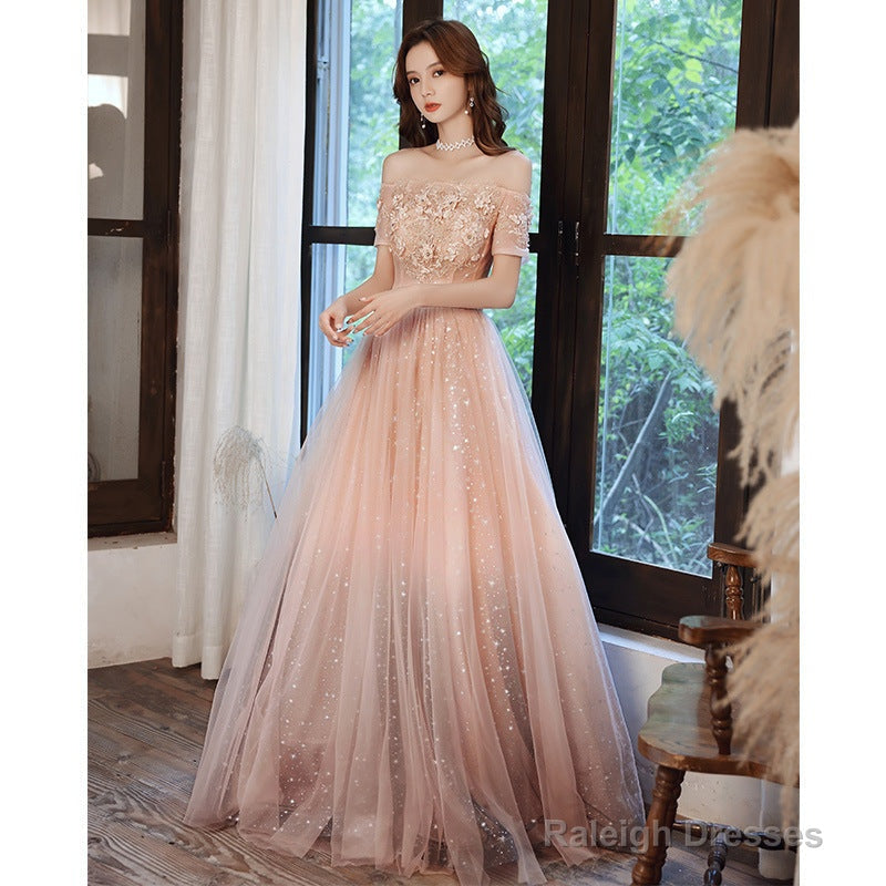 Pink Tulle Off Shoulder With Lace A-Line Party Dress, Pink Long Evening Gown Secondary image
