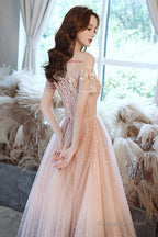 Pink Tulle Off Shoulder With Lace A-Line Prom Dresses Pink Long Prom Gowns