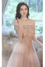Pink Tulle Off Shoulder With Lace A-Line Prom Dresses Pink Long Prom Gowns