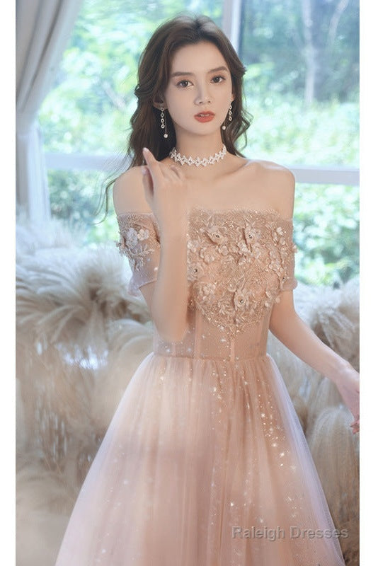 Pink Tulle Off Shoulder With Lace A-Line Prom Dresses Pink Long Prom Gowns