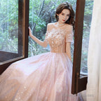 Pink Tulle Off Shoulder With Lace A-Line Prom Dresses Pink Long Prom Gowns