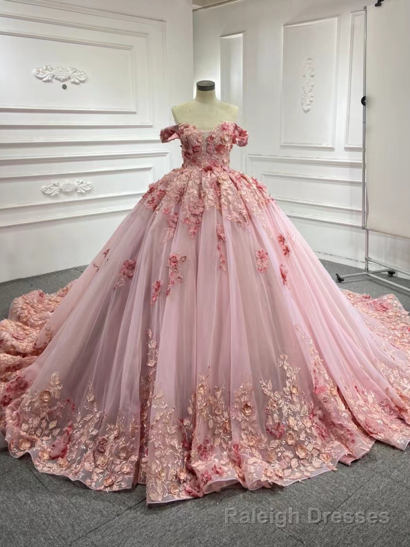 Pink Tulle Off the Shoulder 3D Appliques Prom Dress With Train Main image