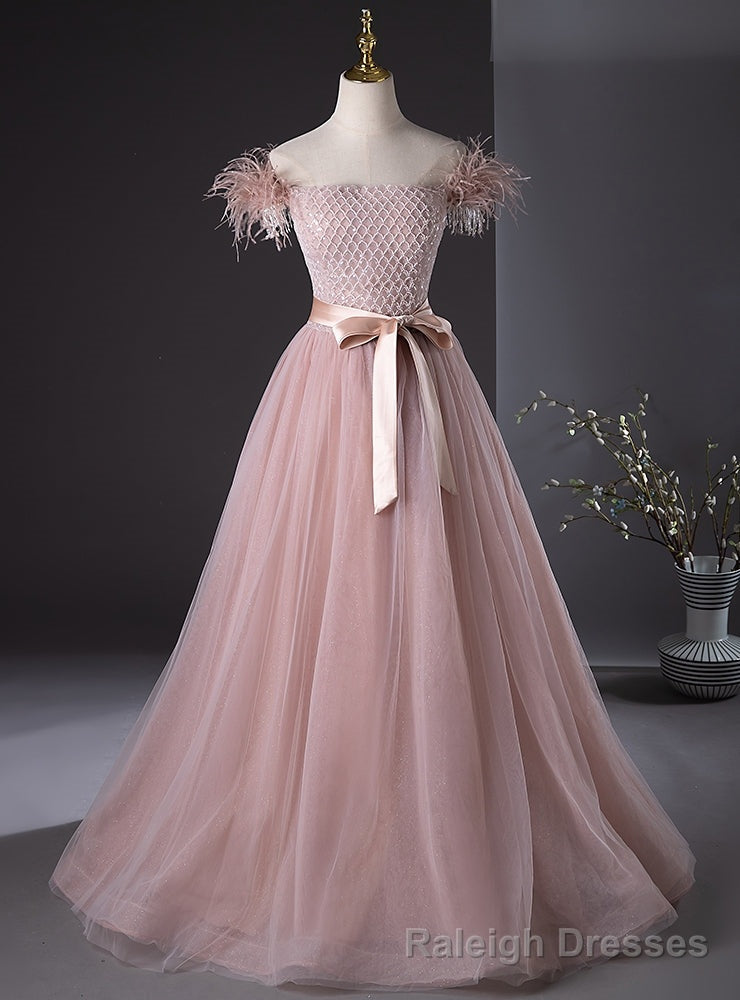 Pink Tulle Off the Shoulder Beading Feather Prom Dress Main image