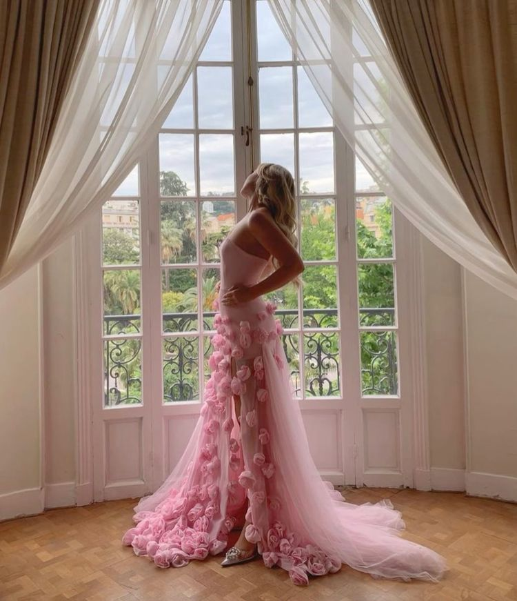 Charming Pink Strapless High Slit Flower Prom Dresses