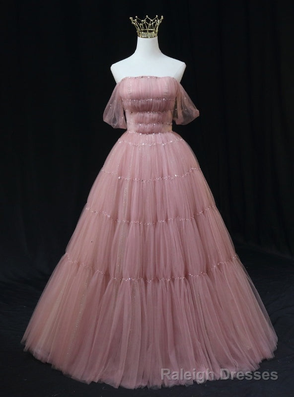 Pink Tulle Off the Shoulder Pleats Beading Prom Dress Main image