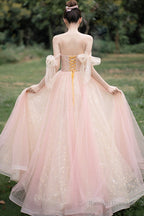 Pink Tulle Off The Shoulder Prom Dress, Cute A-Line Graduation Dress