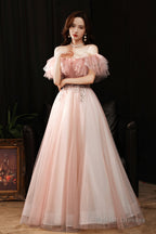 Pink Tulle Off The Shoulder Prom Dress, Lovely A-Line Graduation Dress