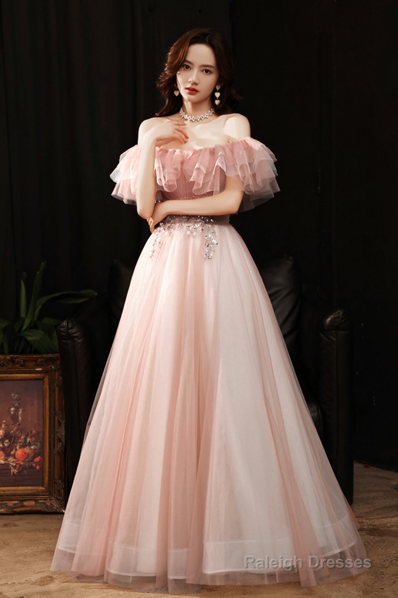 Pink Tulle Off The Shoulder Prom Dress, Lovely A-Line Graduation Dress