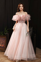 Pink Tulle Off The Shoulder Prom Dress, Lovely A-Line Graduation Dress
