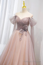 Pink Tulle Off the Shoulder Prom Dress with Beaded, A Line Formal Prom Dress