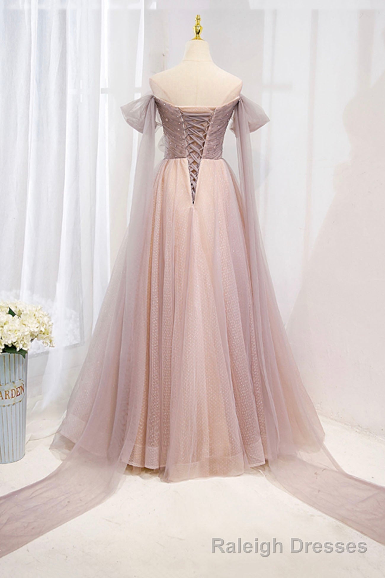 Pink Tulle Off the Shoulder Prom Dress with Beaded, A-Line Formal Evening Dress