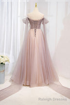 Pink Tulle Off the Shoulder Prom Dress with Beaded, A Line Formal Prom Dress