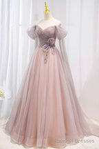 Pink Tulle Off the Shoulder Prom Dress with Beaded, A Line Formal Prom Dress