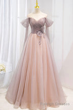Pink Tulle Off the Shoulder Prom Dress with Beaded, A Line Formal Prom Dress