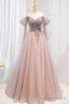 Pink Tulle Off the Shoulder Prom Dress with Beaded, A Line Formal Prom Dress
