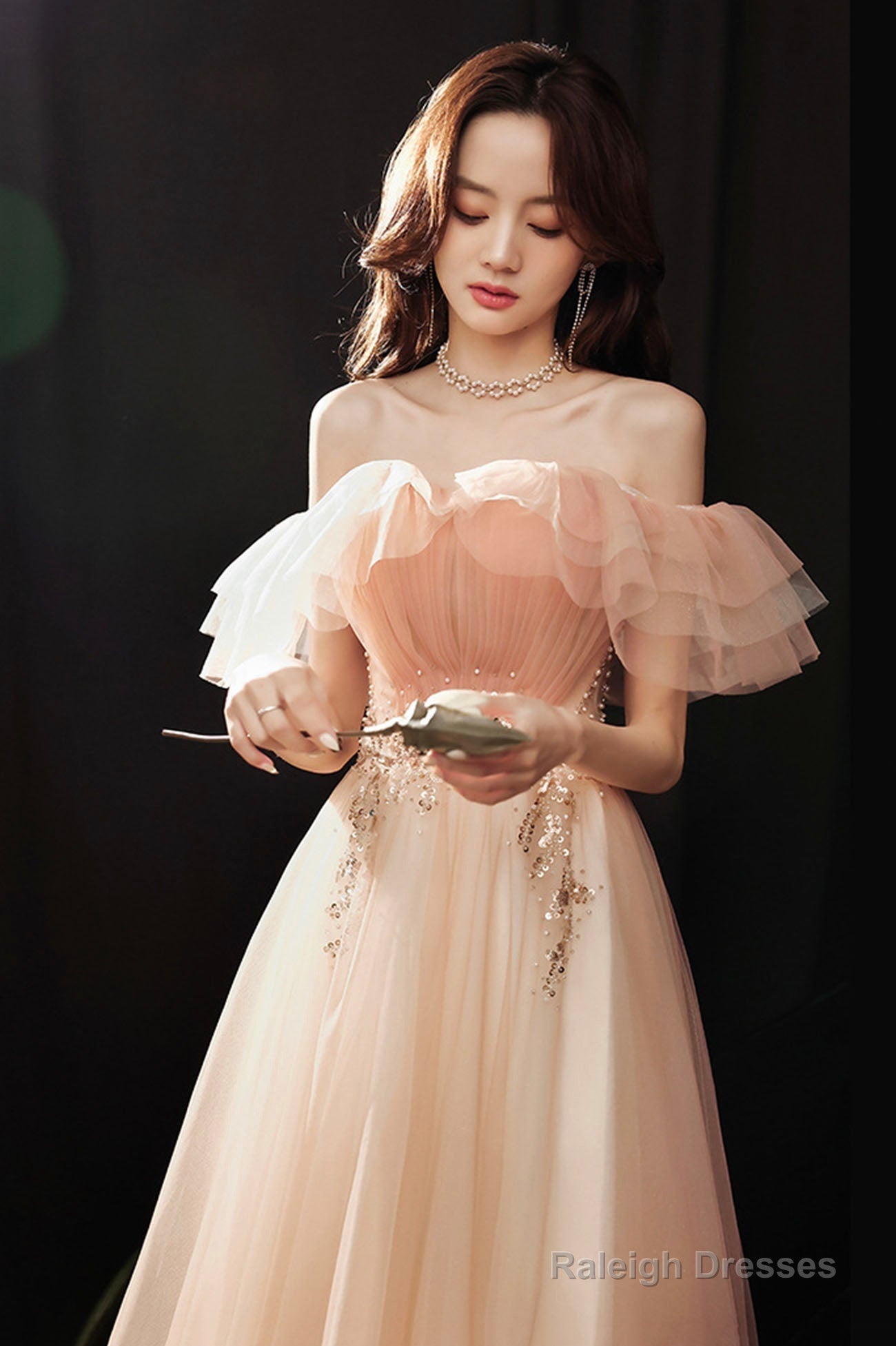 Pink Tulle Off The Shoulder Prom Dresses, A-Line Evening Dress Secondary image