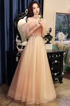 Pink Tulle Off The Shoulder Prom Dresses, A-Line Evening Dress
