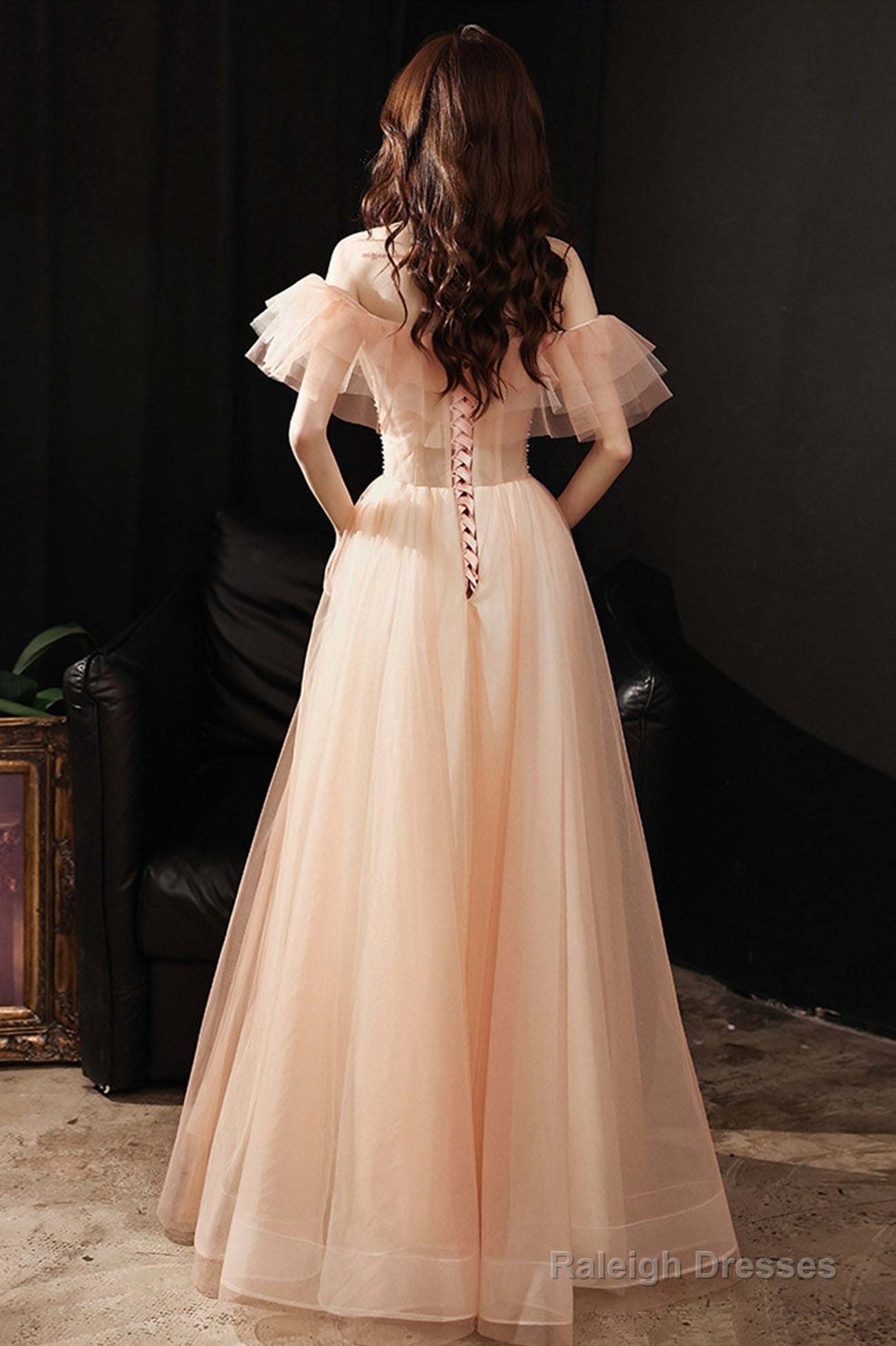 Pink Tulle Off The Shoulder Prom Dresses, A-Line Evening Dress