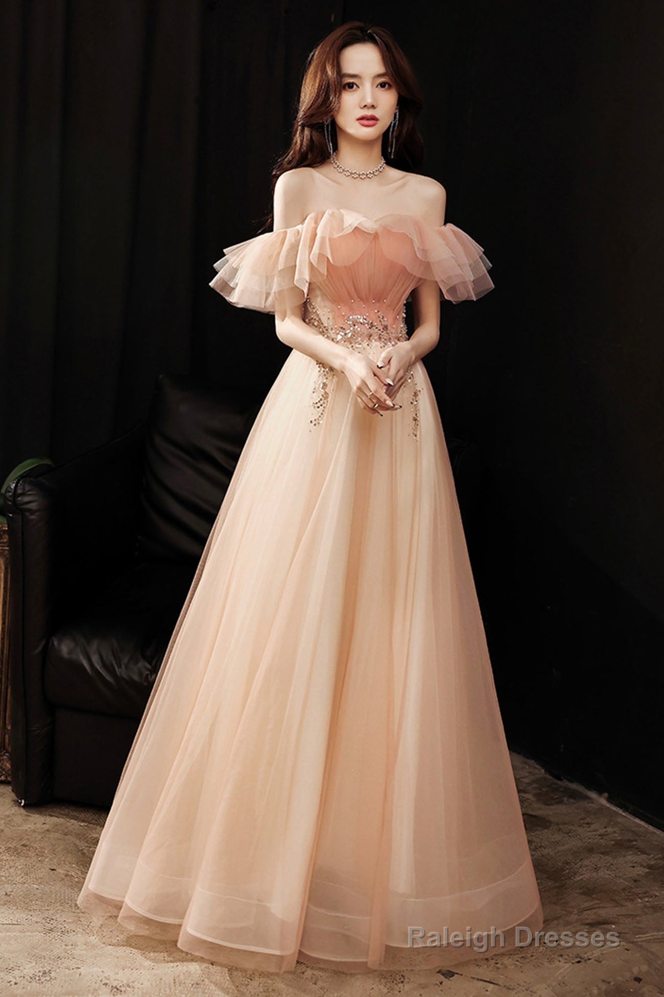 Pink Tulle Off The Shoulder Prom Dresses, A-Line Evening Dress Main image