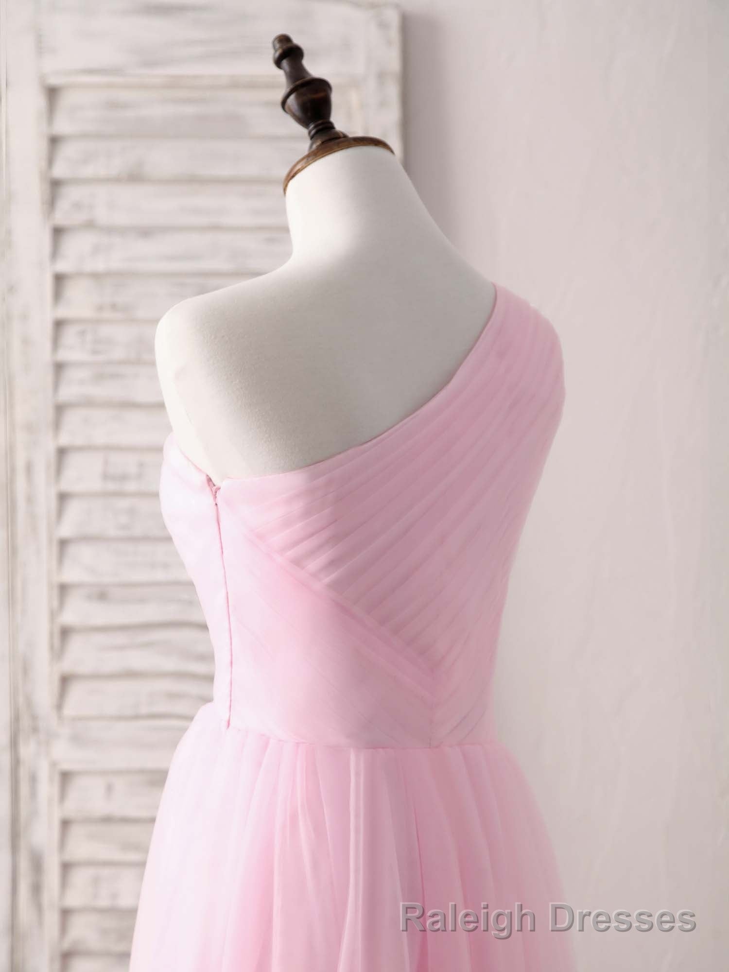 Pink Tulle One Shoulder Long Prom Dress Pink Bridesmaid Dress