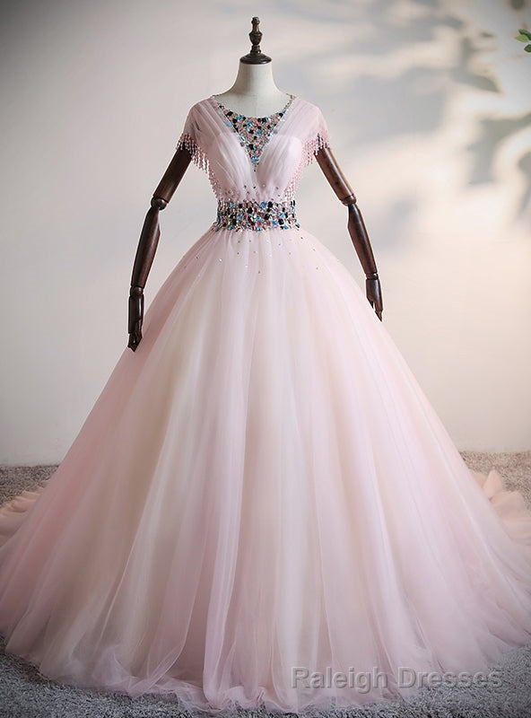 Pink Tulle Pleats Beading Crystal Quinceanera Dress Main image