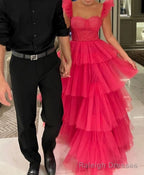 Pink tulle prom dresses long evening dress